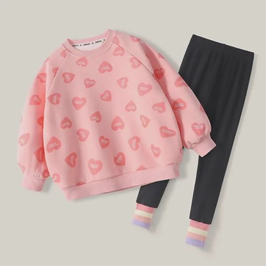 【18M-8Y】2-piece Girls Casual Cotton Heart Print Round Neck Sweatshirt And Leggings Set - 34777