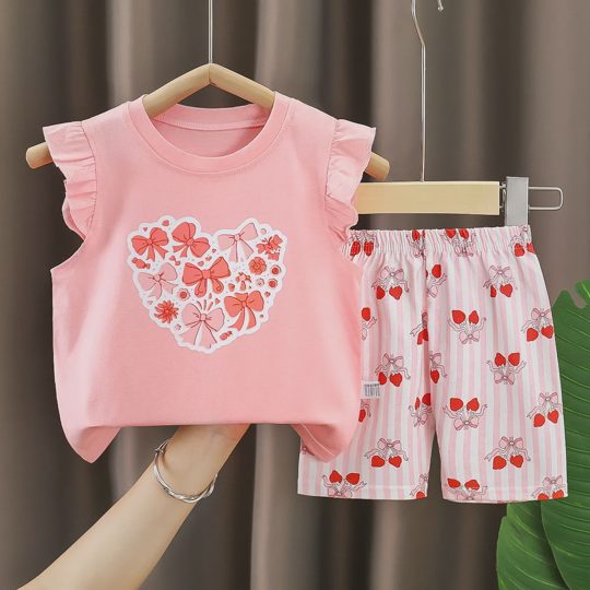 【6M-6Y】Girls' Fun Print Flutter Sleeve Short-Sleeve Top & Shorts Set