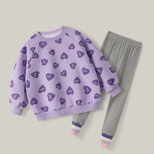 【18M-8Y】2-piece Girls Casual Cotton Heart Print Round Neck Sweatshirt And Leggings Set - 34777
