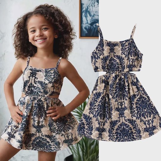 【18M-7Y】Girls' Fashion Cut-Out Waist Vintage Casual Print Dress