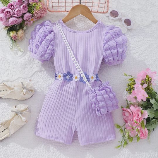 【2Y-7Y】Girls Floral Puff Sleeve Jumpsuit With Bag