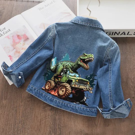 【18M-11Y】Boys Stylish Dinosaur And Car Print Blue Denim Jacket