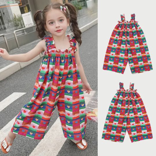 【18M-8Y】Girls Stylish Colorful Plaid And Heart Shape Printed Jumpsuit - 3916