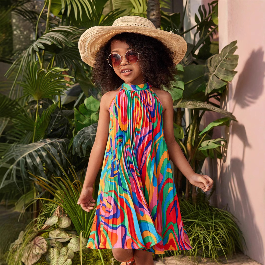 【5Y-15Y】Girls' Casual Printed Sleeveless Strap Dress