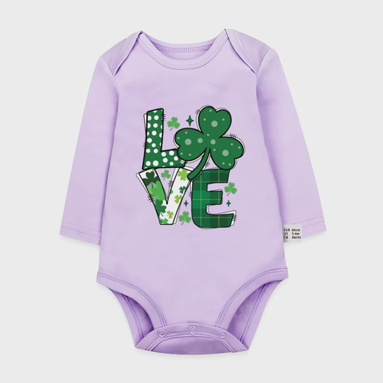 【0M-24M】St. Patrick's Day Love Clover Print Baby Long Sleeve Bodysuit
