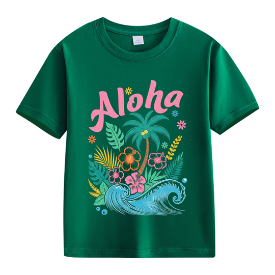 【2Y-13Y】Kids' “Aloha” Fresh Tropical & Hawaiian Style Cartoon Print T-Shirt