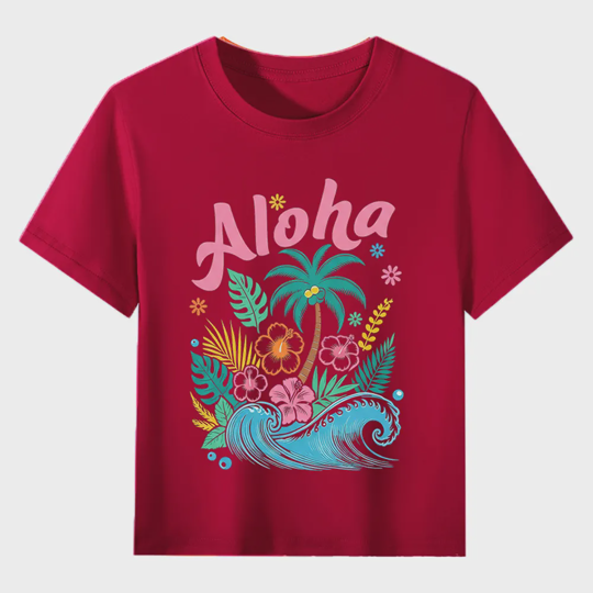 【2Y-13Y】Kids' “Aloha” Fresh Tropical & Hawaiian Style Cartoon Print T-Shirt