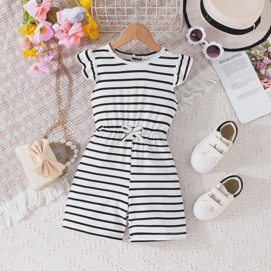 【3Y-7Y】Girls Casual Striped Jumpsuit