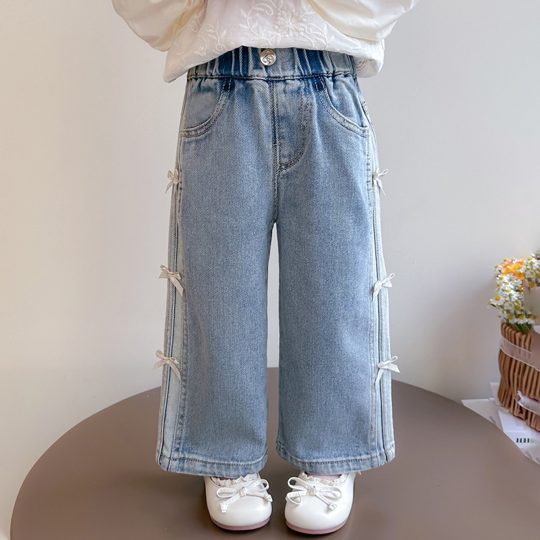 【18M-7Y】Girls' Bow Casual Straight-Leg Denim Pants