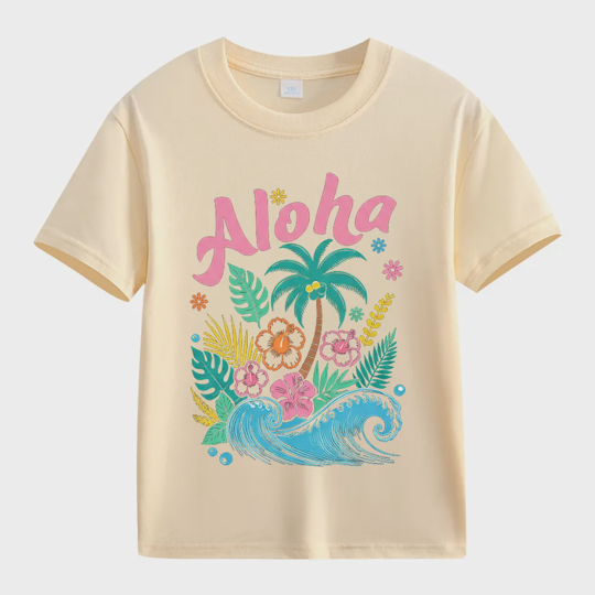 【2Y-13Y】Kids' “Aloha” Fresh Tropical & Hawaiian Style Cartoon Print T-Shirt