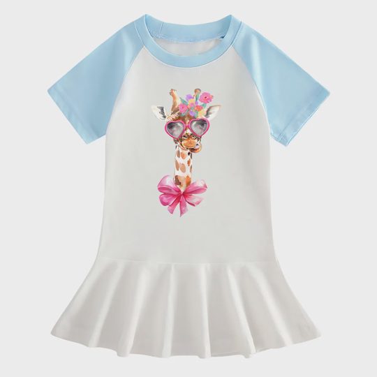 【18M-9Y】Giraffe With Heart Sunglasses Ruffle Dress For Girls