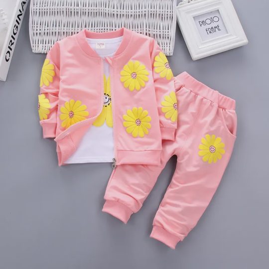 【12M-7Y】3-piece Girls Floral Print T-Shirt And Jacket And Pants Set - 34207