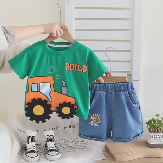 【12M-6Y】Boys' Trendy Cartoon Tractor Short-Sleeve Set