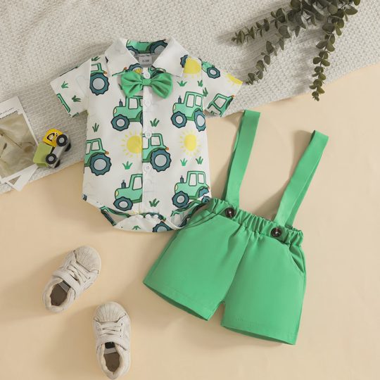 【0M-18M】Boys' St. Patrick's Day Outfit – Bow Tie Shirt & Suspender Shorts Set