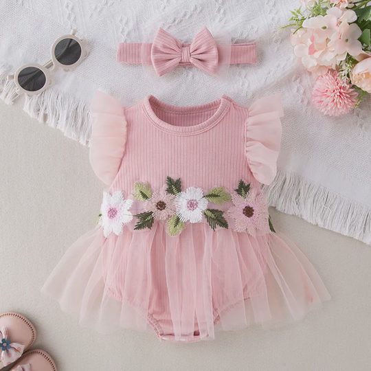 【0M-18M】Girls' Cap Sleeve Romper Dress – Stylish Cute Floral One-Piece