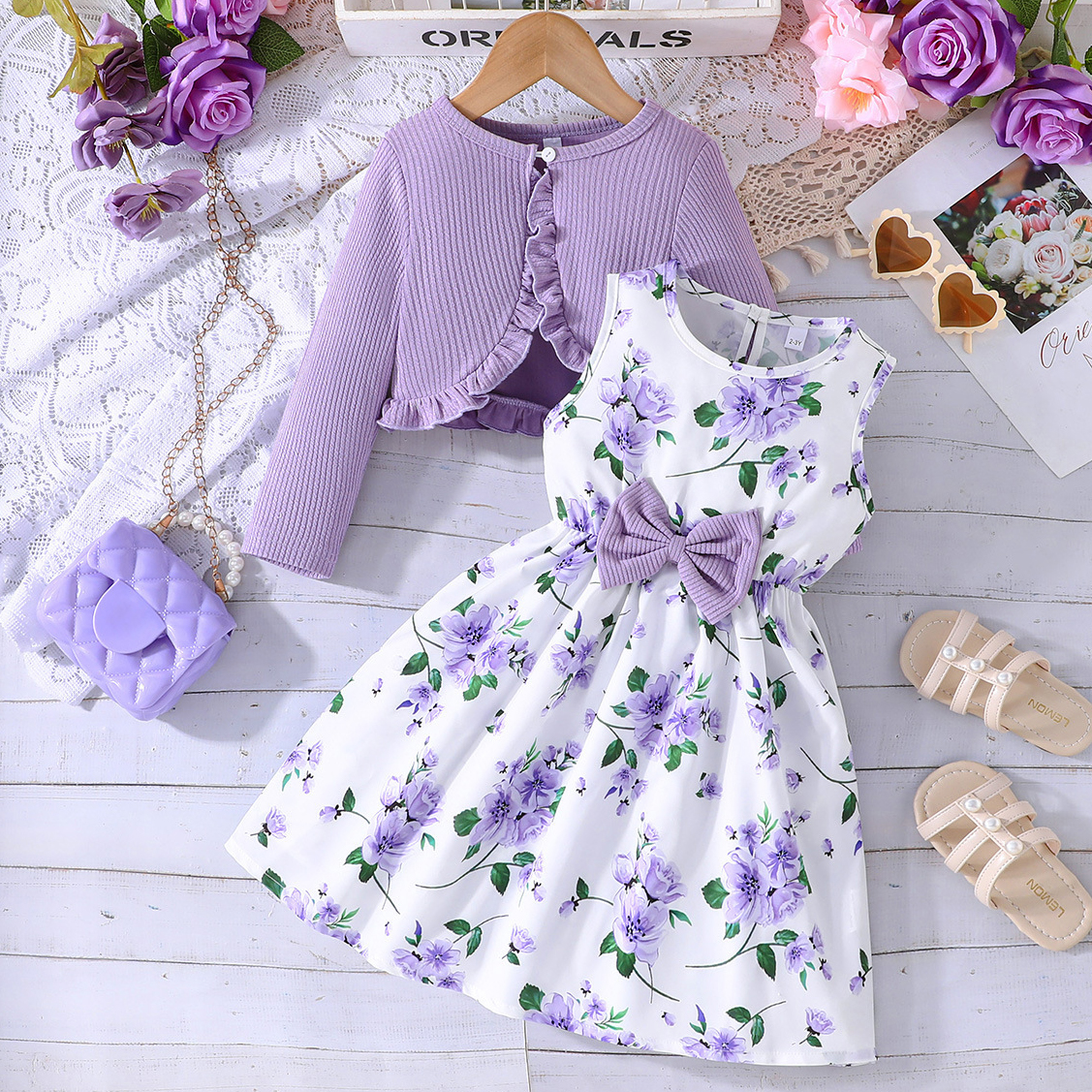 【2Y-8Y】2-piece Girls Elegant Floral Print Bowknot Sleeveless Dress And Ruffled Long Sleeve Top Jacket Set