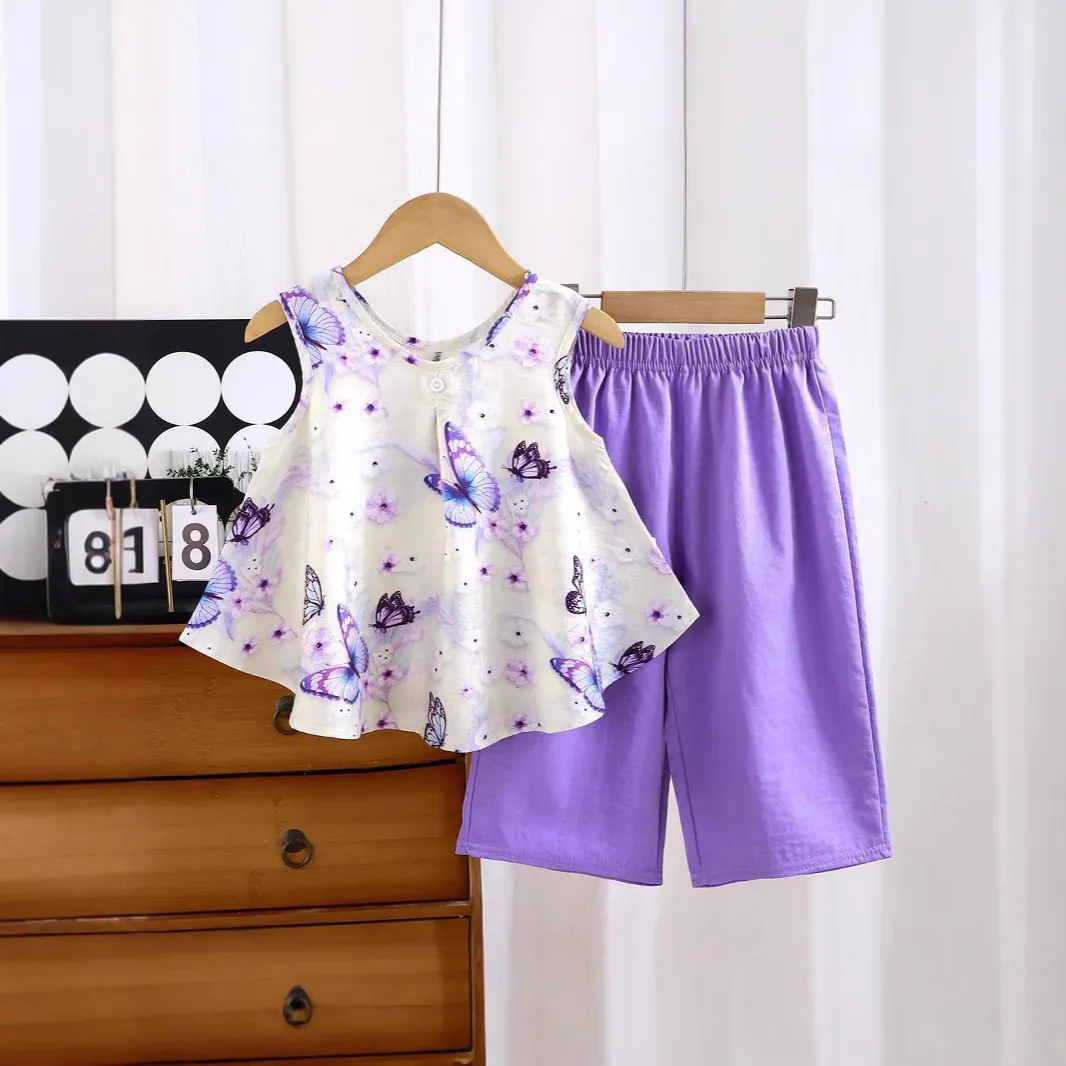 【18M-11Y】2-piece Girls Butterfly Floral Vest And Pants Set