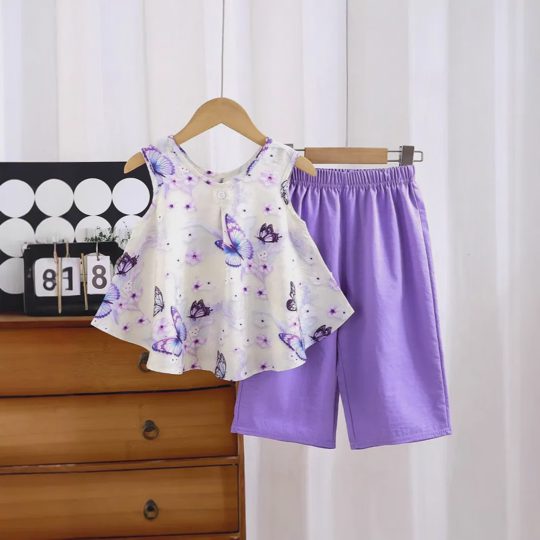 【18M-11Y】2-piece Girls Butterfly Floral Vest And Pants Set