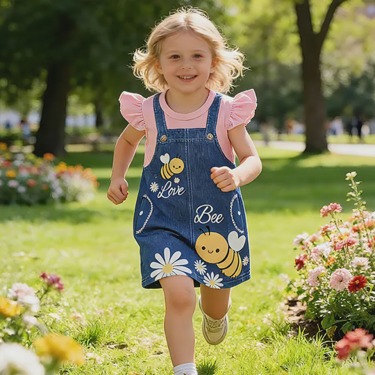 【6M-3Y】Girls' Casual Round Neck Dress With Bee Print And Flutter Sleeves