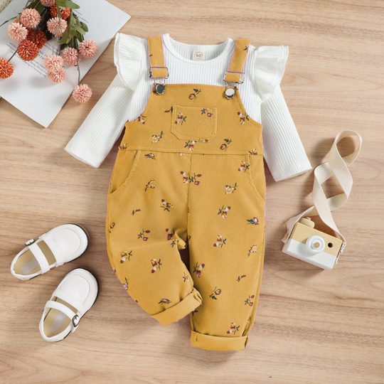 【12M-6Y】Girls Ribbed Long Sleeve Top + Printed Corduroy Suspender Set