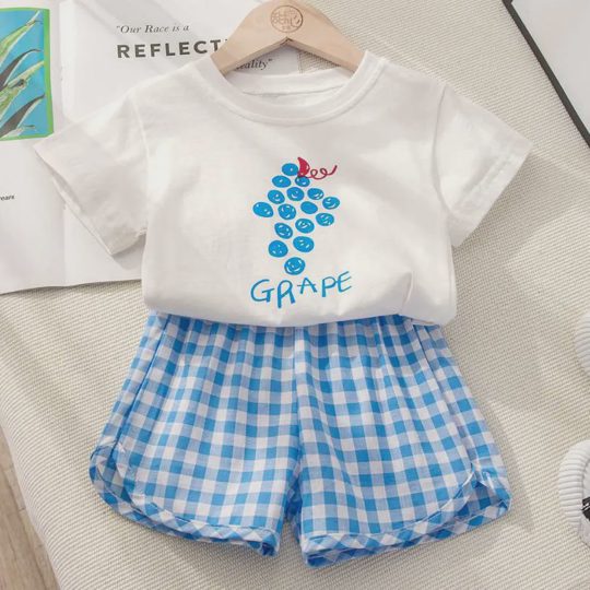 【12M-7Y】2-piece Girls Fruit Print Short-sleeved T-shirt And Plaid Shorts Set - 34358
