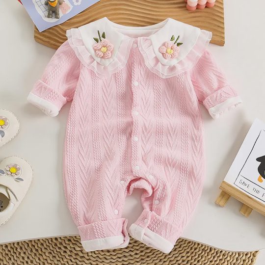 【3M-24M】Baby Girls Cute Floral Embroidery Lapel Pink Romper