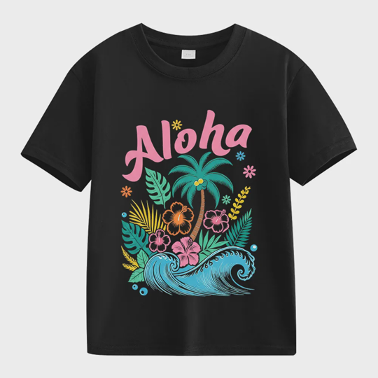 【2Y-13Y】Kids' “Aloha” Fresh Tropical & Hawaiian Style Cartoon Print T-Shirt