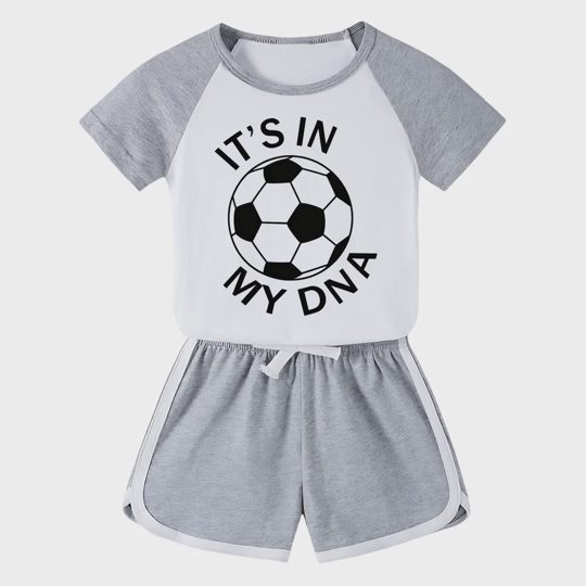 【18M-11Y】Toddler Soccer 'It's In My DNA' 2-Piece Outfit - Sporty Graphic Raglan Top & Shorts Set For Kids