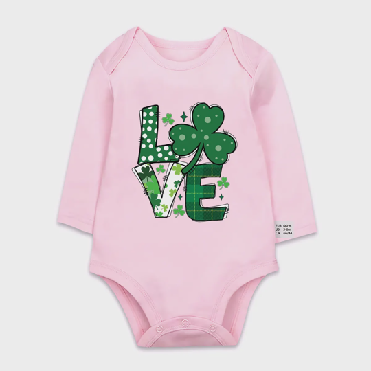 【0M-24M】St. Patrick's Day Love Clover Print Baby Long Sleeve Bodysuit