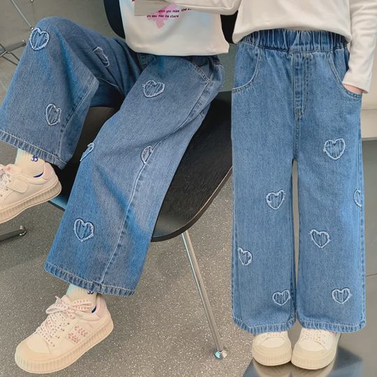 【18M-7Y】Girls' Straight-Leg Heart Casual Denim Pants