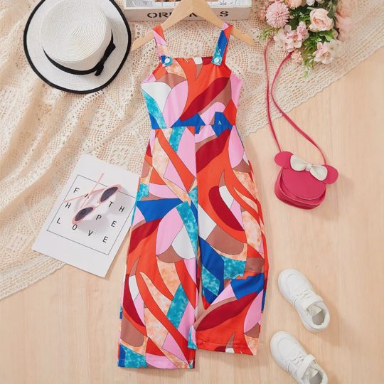 【3Y-10Y】Girls Casual Vintage Pattern Print Boho Sling Jumpsuit