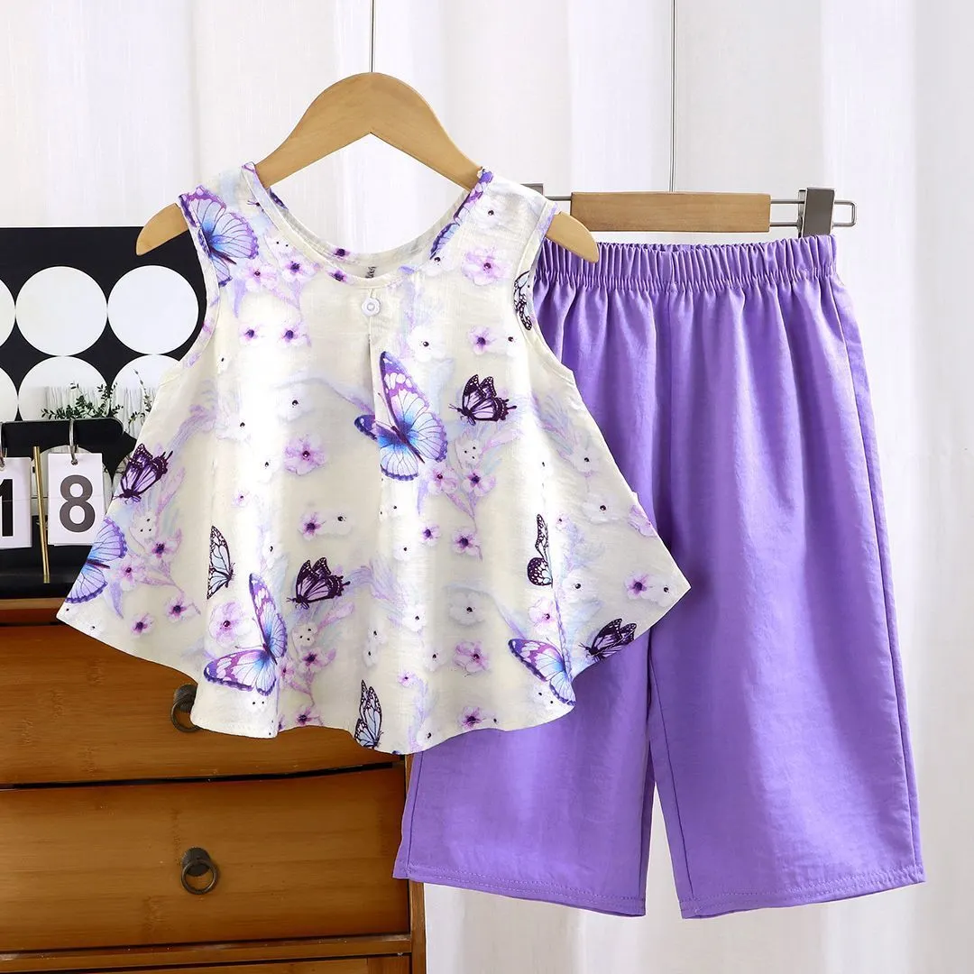 【18M-11Y】2-piece Girls Butterfly Floral Vest And Pants Set