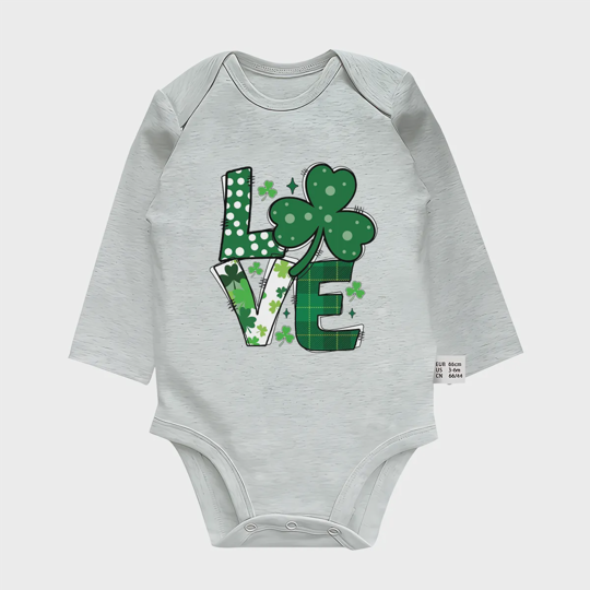【0M-24M】St. Patrick's Day Love Clover Print Baby Long Sleeve Bodysuit