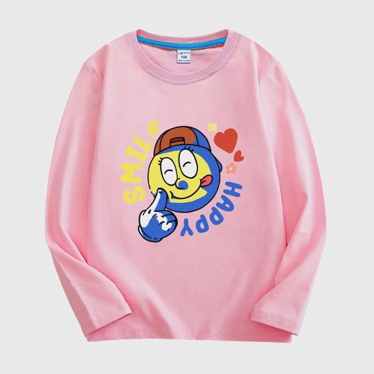 【18M-11Y】Adorable Long Sleeve T-Shirt With "SMILE, HAPPY" Design For Kids
