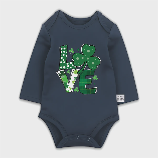 【0M-24M】St. Patrick's Day Love Clover Print Baby Long Sleeve Bodysuit