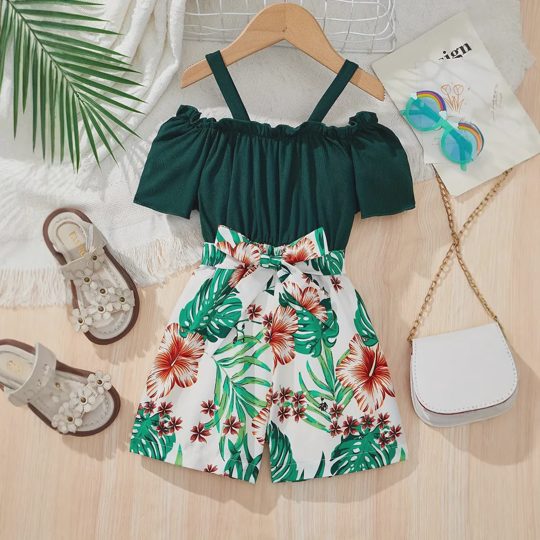 【1Y-8Y】2-piece Girls Green Floral Jumpsuit