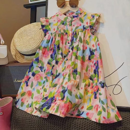 【18M-8Y】Girl Fashion Sweet Colorful Printed Ruffle Sleeveless Dress - 33403