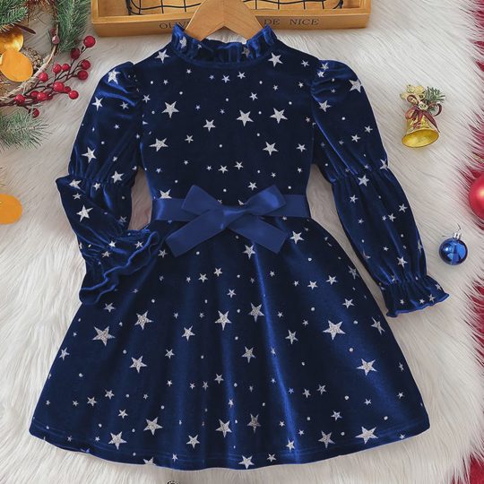 【3Y-7Y】Girls Sweet And Fashionable Silver Star Print Burgundy Velvet Party Dress