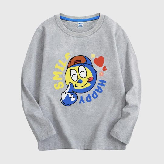 【18M-11Y】Adorable Long Sleeve T-Shirt With "SMILE, HAPPY" Design For Kids
