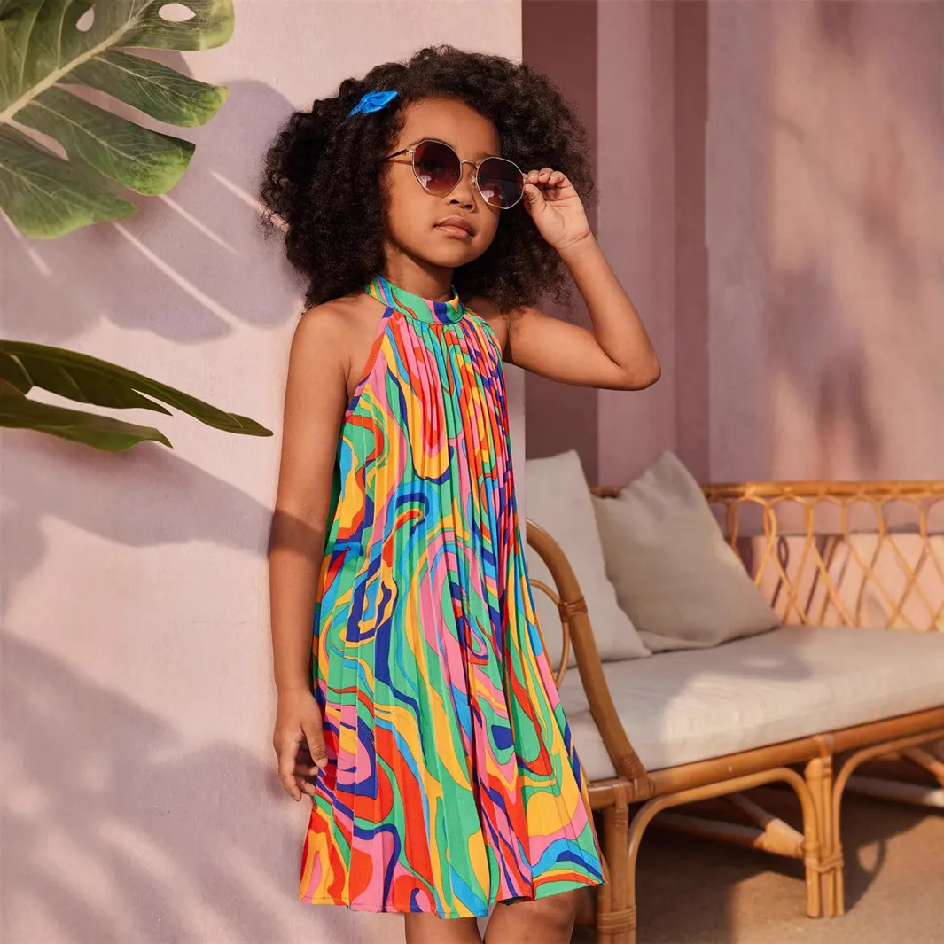 【5Y-15Y】Girls' Casual Printed Sleeveless Strap Dress