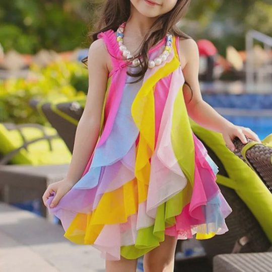 【3Y-11Y】Girls One Shoulder Sleeveless Rainbow Mesh Dress - 33168