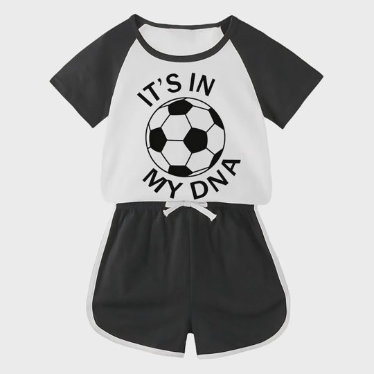 【18M-11Y】Toddler Soccer 'It's In My DNA' 2-Piece Outfit - Sporty Graphic Raglan Top & Shorts Set For Kids