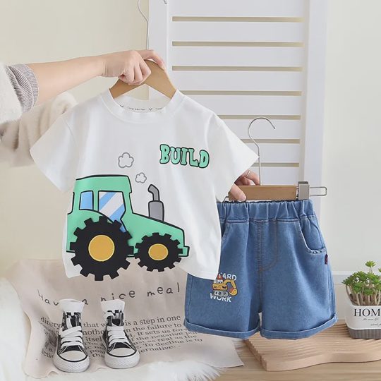 【12M-6Y】Boys' Trendy Cartoon Tractor Short-Sleeve Set