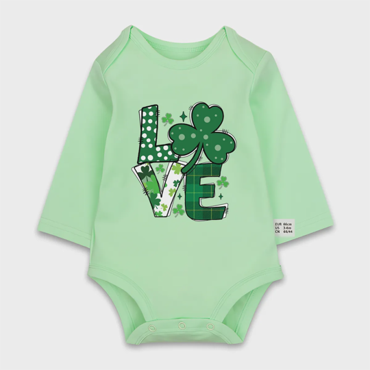 【0M-24M】St. Patrick's Day Love Clover Print Baby Long Sleeve Bodysuit
